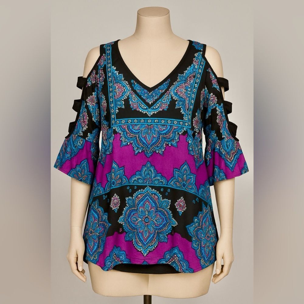 Nicole by Nicole Miller Purple Blue Black 3/4 Sleeve Cold Shoulder Cut-Out Top